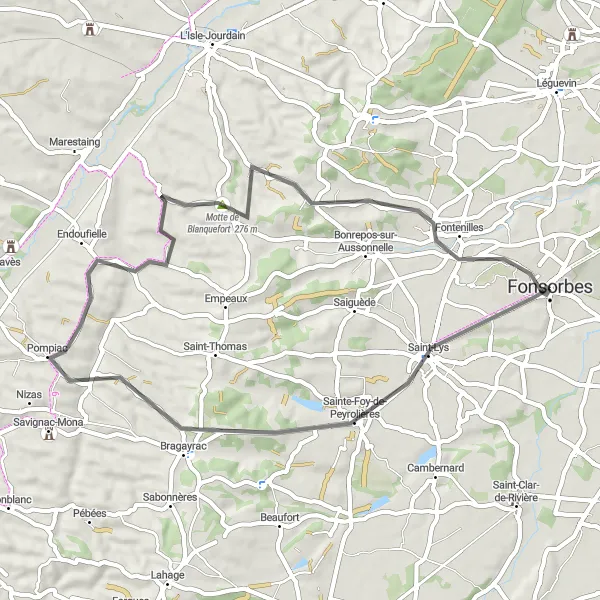 Miniatua del mapa de inspiración ciclista "Ruta de 49km por carretera a través de Seysses-Savès" en Midi-Pyrénées, France. Generado por Tarmacs.app planificador de rutas ciclistas