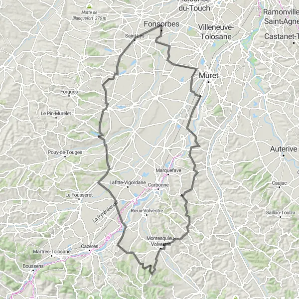 Miniatua del mapa de inspiración ciclista "Desafío de 120km por carretera a Saint-Julien-sur-Garonne" en Midi-Pyrénées, France. Generado por Tarmacs.app planificador de rutas ciclistas