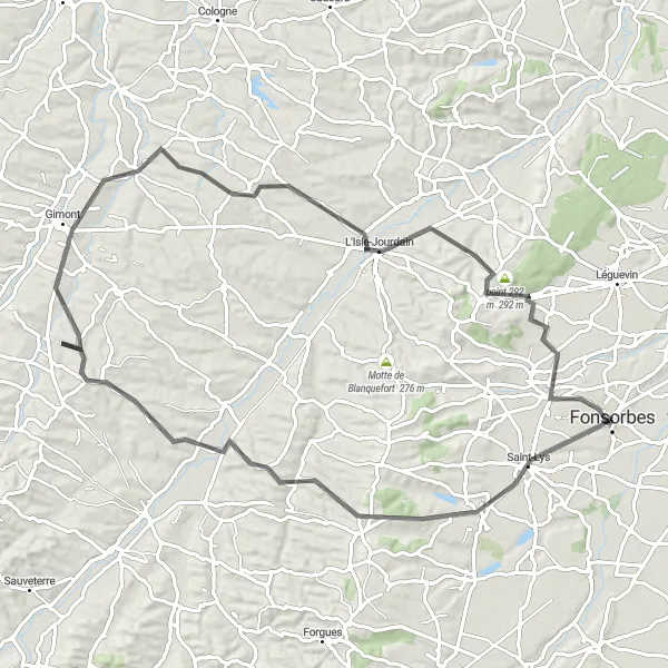 Miniaturní mapa "Okružní cyklistická trasa kolem Fonsorbes" inspirace pro cyklisty v oblasti Midi-Pyrénées, France. Vytvořeno pomocí plánovače tras Tarmacs.app