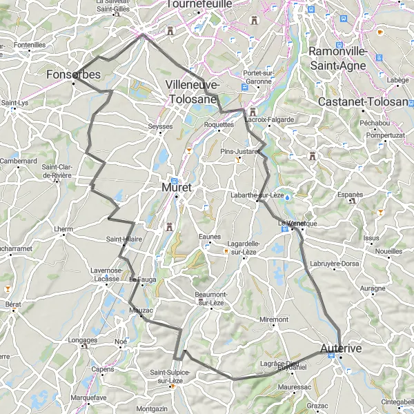 Miniature de la carte de l'inspiration cycliste "Parcours entre Cugnaux et Auterive" dans la Midi-Pyrénées, France. Générée par le planificateur d'itinéraire cycliste Tarmacs.app