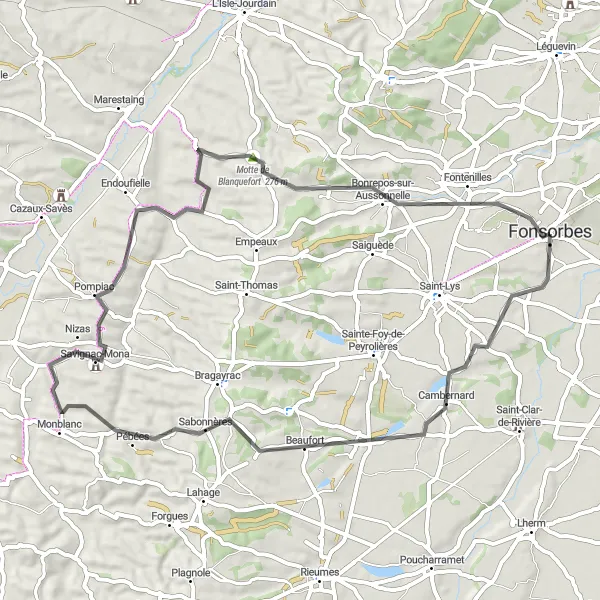 Miniatuurkaart van de fietsinspiratie "Roadtrip door Cambernard, Sabonnères en Savignac-Mona" in Midi-Pyrénées, France. Gemaakt door de Tarmacs.app fietsrouteplanner