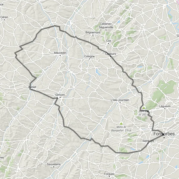 Karttaminiaatyyri "Fonsorbes - Trépadé Long Loop" pyöräilyinspiraatiosta alueella Midi-Pyrénées, France. Luotu Tarmacs.app pyöräilyreittisuunnittelijalla