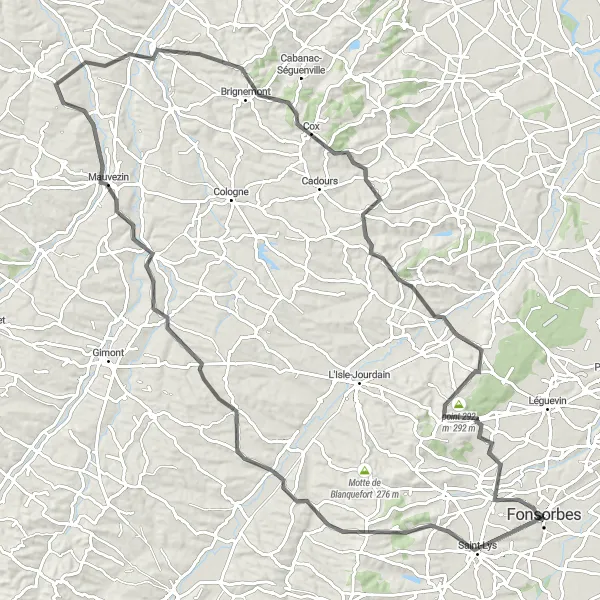 Miniatuurkaart van de fietsinspiratie "Scenic Route vanuit Fonsorbes naar Trépadé" in Midi-Pyrénées, France. Gemaakt door de Tarmacs.app fietsrouteplanner