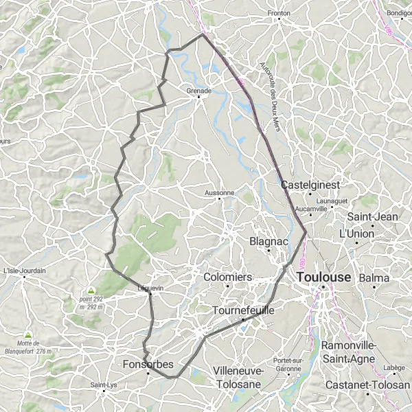 Miniatua del mapa de inspiración ciclista "Recorrido de 91 km en carretera desde Fonsorbes" en Midi-Pyrénées, France. Generado por Tarmacs.app planificador de rutas ciclistas