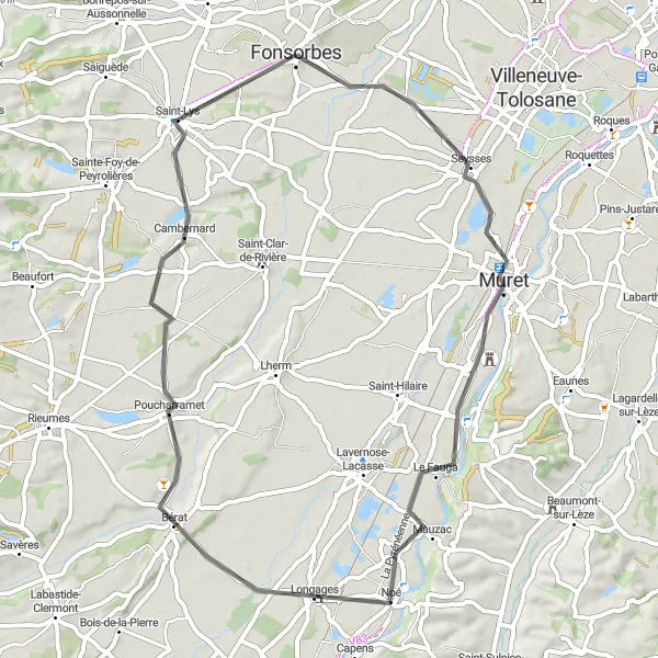 Miniaturní mapa "Cyklistická trasa skrz malebné vesnice kolem Fonsorbes" inspirace pro cyklisty v oblasti Midi-Pyrénées, France. Vytvořeno pomocí plánovače tras Tarmacs.app