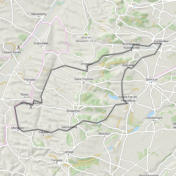 Miniatuurkaart van de fietsinspiratie "Saiguède - Bonrepos-sur-Aussonnelle Road Cycling Route" in Midi-Pyrénées, France. Gemaakt door de Tarmacs.app fietsrouteplanner