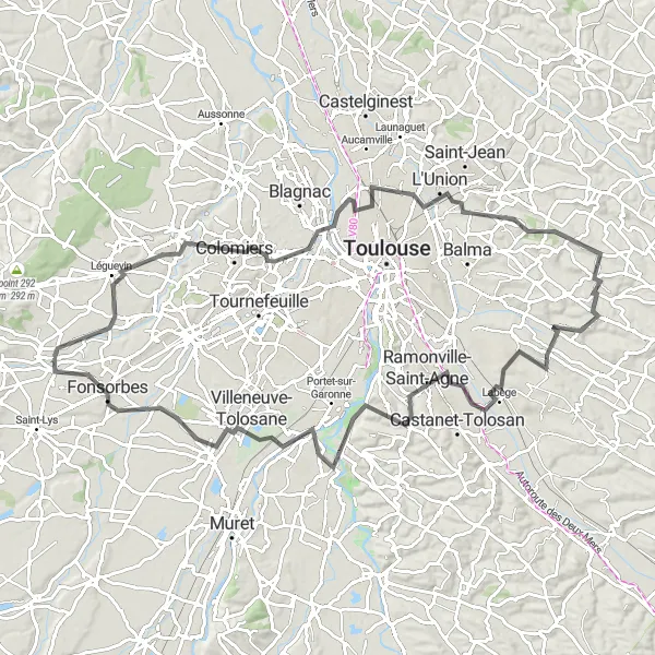 Miniatuurkaart van de fietsinspiratie "Colomiers - Fonsorbes Road Cycling Route" in Midi-Pyrénées, France. Gemaakt door de Tarmacs.app fietsrouteplanner