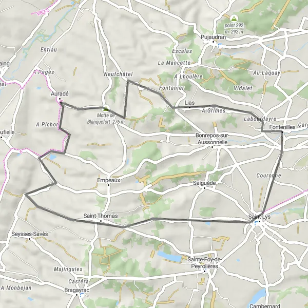 Miniatua del mapa de inspiración ciclista "Ruta de Fontenilles a Saint-Lys y Auradé" en Midi-Pyrénées, France. Generado por Tarmacs.app planificador de rutas ciclistas