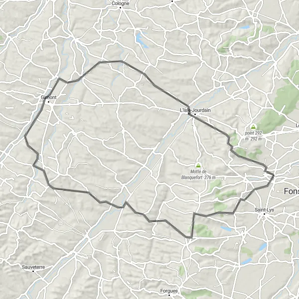 Mapa miniatúra "Kruhová cyklotrasa Fontenilles" cyklistická inšpirácia v Midi-Pyrénées, France. Vygenerované cyklistickým plánovačom trás Tarmacs.app