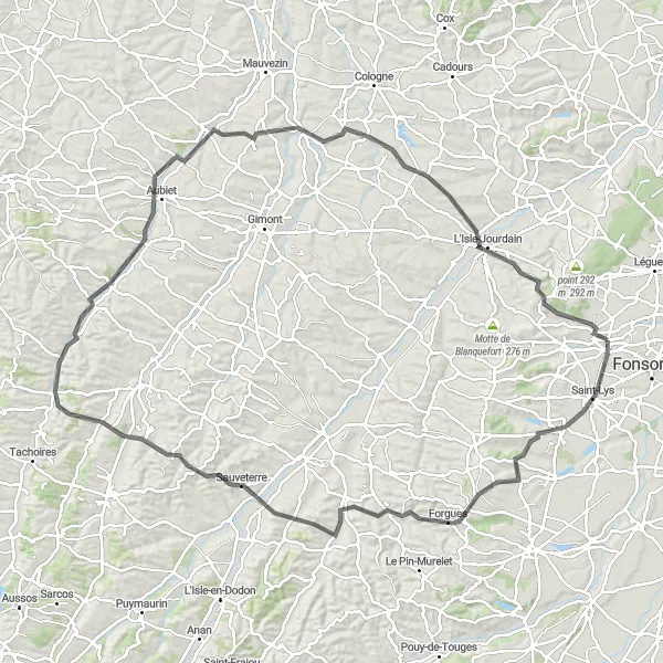 Miniatuurkaart van de fietsinspiratie "Uitdagende tocht van Fontenilles naar Monbrun" in Midi-Pyrénées, France. Gemaakt door de Tarmacs.app fietsrouteplanner