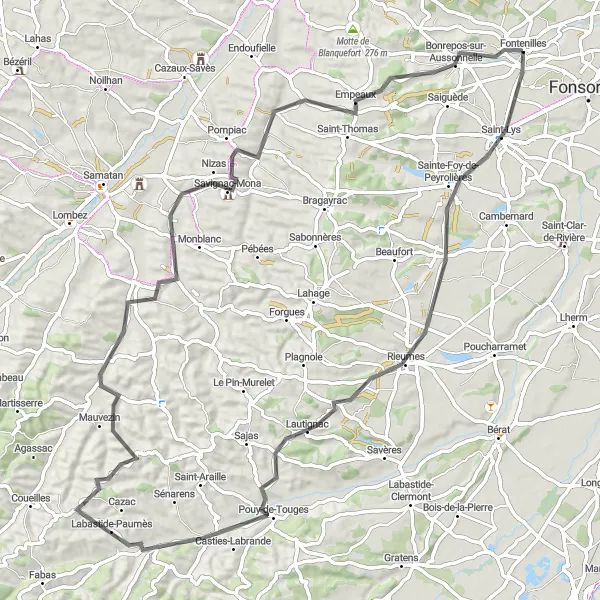 Miniatua del mapa de inspiración ciclista "Gran Ruta en Carretera a Bonrepos-sur-Aussonnelle" en Midi-Pyrénées, France. Generado por Tarmacs.app planificador de rutas ciclistas