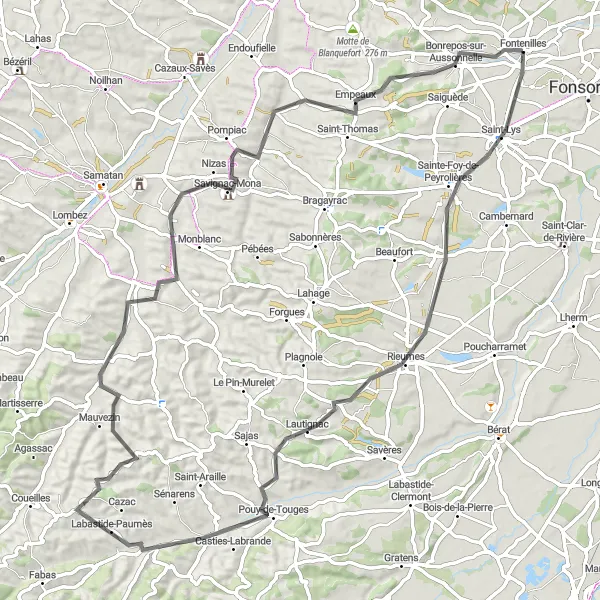 Zemljevid v pomanjšavi "Scenic road cycling near Fontenilles" kolesarske inspiracije v Midi-Pyrénées, France. Generirano z načrtovalcem kolesarskih poti Tarmacs.app