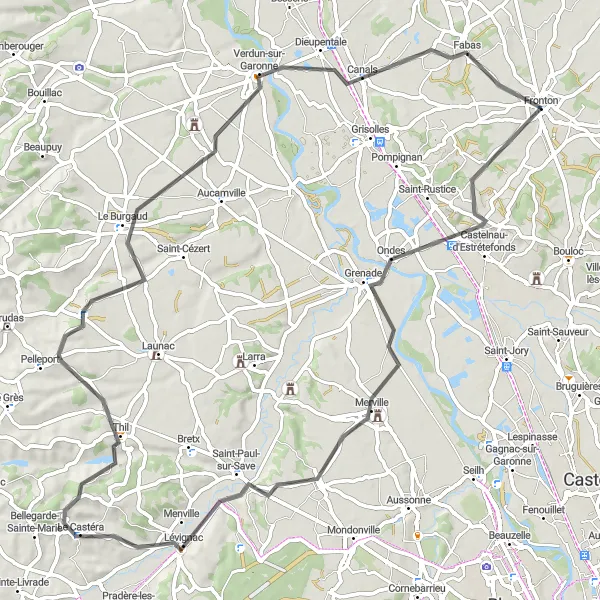 Kartminiatyr av "Fronton til Fabas" sykkelinspirasjon i Midi-Pyrénées, France. Generert av Tarmacs.app sykkelrutoplanlegger