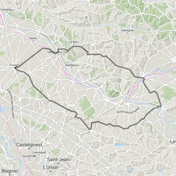 Kartminiatyr av "Fronton til Villemur-sur-Tarn via Coufouleux og Roquesérière" sykkelinspirasjon i Midi-Pyrénées, France. Generert av Tarmacs.app sykkelrutoplanlegger