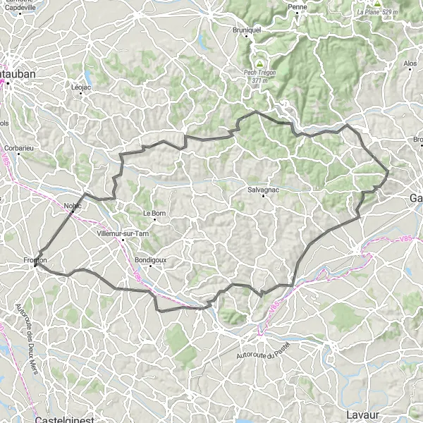 Kartminiatyr av "Utforsk Nohic, Montdurausse og Rabastens på denne 108 km lange sykkelturen" sykkelinspirasjon i Midi-Pyrénées, France. Generert av Tarmacs.app sykkelrutoplanlegger