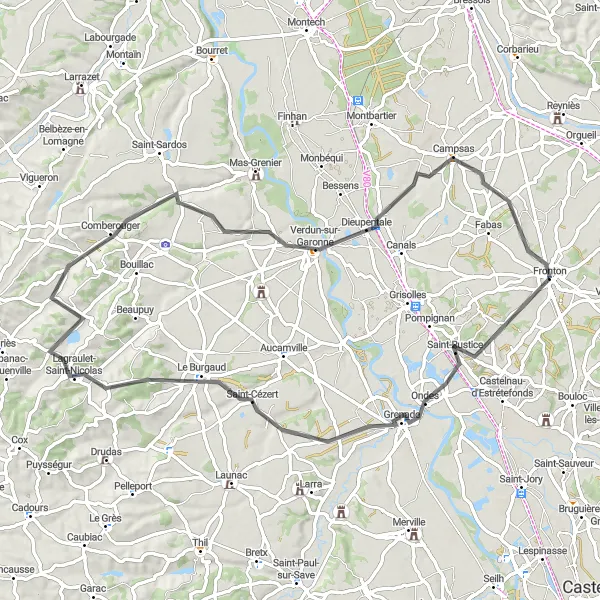 Miniatua del mapa de inspiración ciclista "Ruta de ida y vuelta desde Fronton a través de Saint-Rustice y Campsas" en Midi-Pyrénées, France. Generado por Tarmacs.app planificador de rutas ciclistas