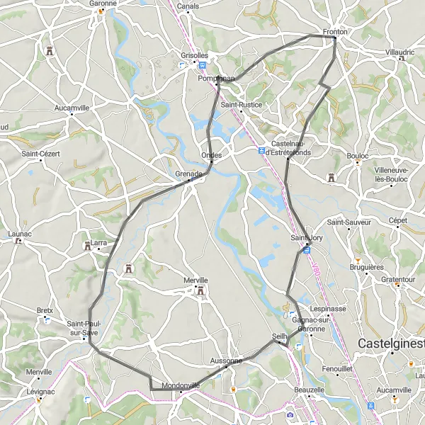 Map miniature of "Fronton to La Marinière" cycling inspiration in Midi-Pyrénées, France. Generated by Tarmacs.app cycling route planner