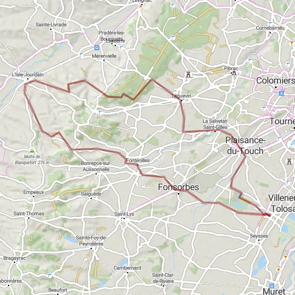Zemljevid v pomanjšavi "Pustolovska gravel pot do La Salvetat-Saint-Gilles" kolesarske inspiracije v Midi-Pyrénées, France. Generirano z načrtovalcem kolesarskih poti Tarmacs.app