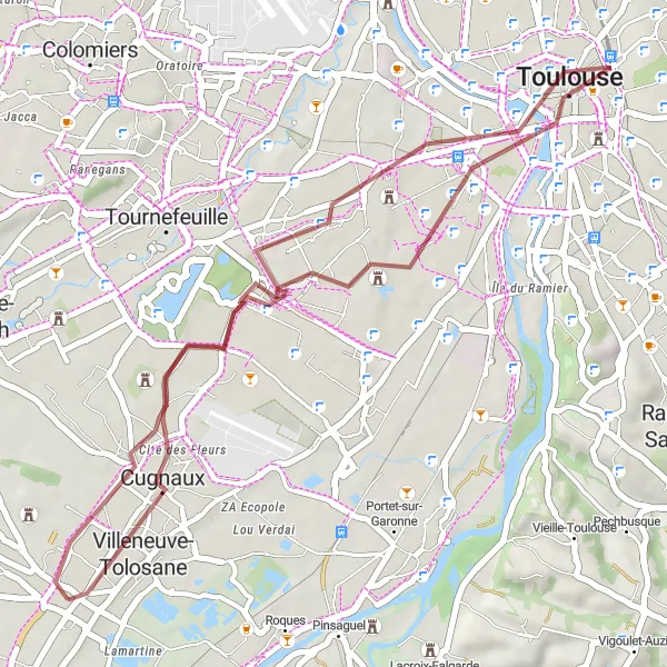 Miniature de la carte de l'inspiration cycliste "Parcours gravel de Cugnaux" dans la Midi-Pyrénées, France. Générée par le planificateur d'itinéraire cycliste Tarmacs.app