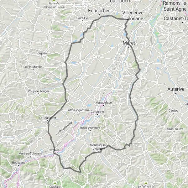 Miniaturekort af cykelinspirationen "Landskabelig Vejcykling Rundtur nær Frouzins" i Midi-Pyrénées, France. Genereret af Tarmacs.app cykelruteplanlægger