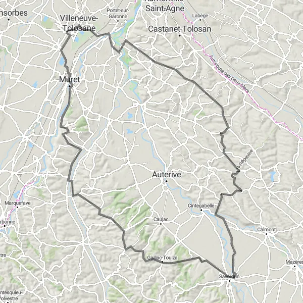 Map miniature of "Road Journey across Villeneuve-Tolosane and Saverdun" cycling inspiration in Midi-Pyrénées, France. Generated by Tarmacs.app cycling route planner