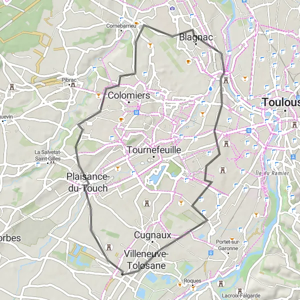 Miniature de la carte de l'inspiration cycliste "Boucle charme de Colomiers" dans la Midi-Pyrénées, France. Générée par le planificateur d'itinéraire cycliste Tarmacs.app