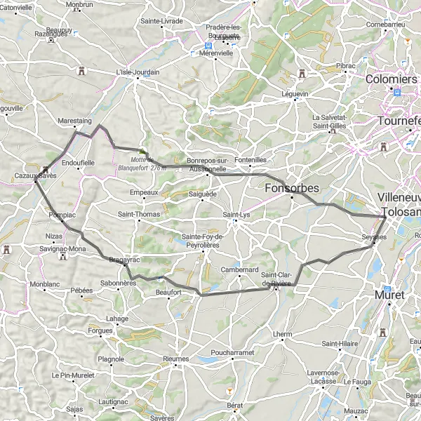 Miniaturní mapa "Okruh kolem Saint-Clar-de-Rivière" inspirace pro cyklisty v oblasti Midi-Pyrénées, France. Vytvořeno pomocí plánovače tras Tarmacs.app