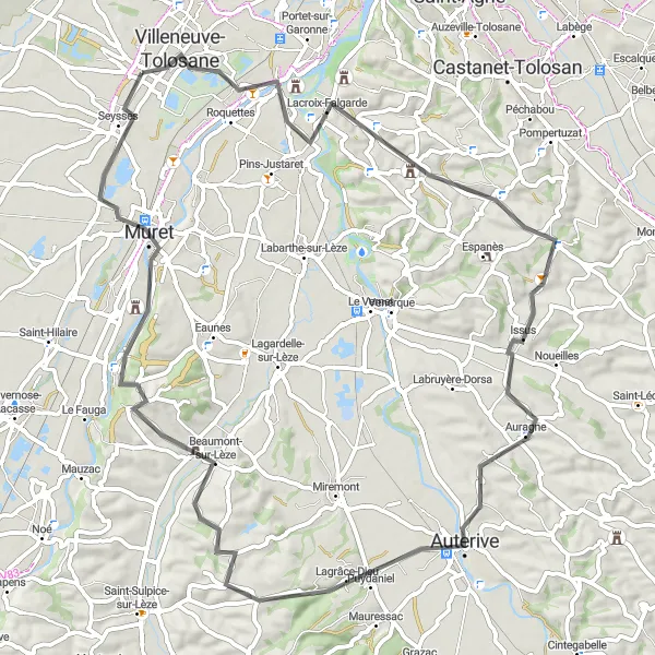 Map miniature of "Scenic Road Loop through Aureville and Muret" cycling inspiration in Midi-Pyrénées, France. Generated by Tarmacs.app cycling route planner