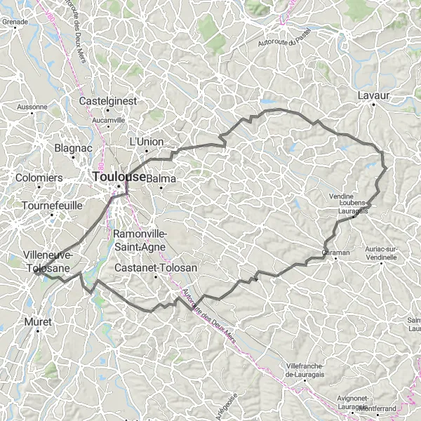 Miniature de la carte de l'inspiration cycliste "Tour route de Toulouse" dans la Midi-Pyrénées, France. Générée par le planificateur d'itinéraire cycliste Tarmacs.app