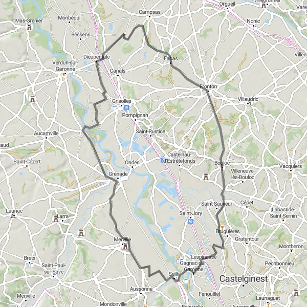 Miniature de la carte de l'inspiration cycliste "Sur les chemins de la Garonne" dans la Midi-Pyrénées, France. Générée par le planificateur d'itinéraire cycliste Tarmacs.app