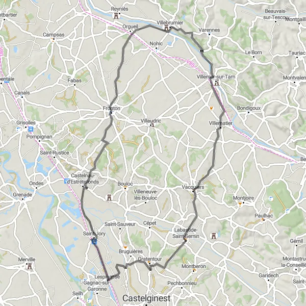 Miniatua del mapa de inspiración ciclista "Ruta a través de Castelnau-d'Estrétefonds, Fronton y Villemur-sur-Tarn" en Midi-Pyrénées, France. Generado por Tarmacs.app planificador de rutas ciclistas