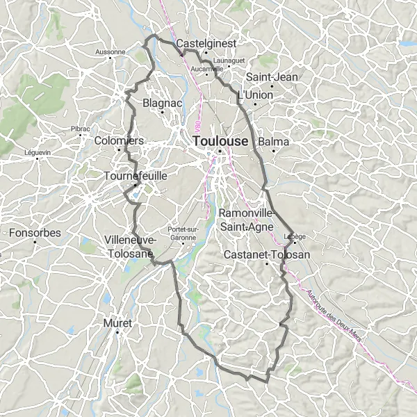 Miniature de la carte de l'inspiration cycliste "Tour de Gagnac-sur-Garonne et Airbus A380" dans la Midi-Pyrénées, France. Générée par le planificateur d'itinéraire cycliste Tarmacs.app