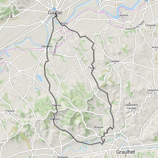 Zemljevid v pomanjšavi "Kolesarska tura skozi Busque in Montans" kolesarske inspiracije v Midi-Pyrénées, France. Generirano z načrtovalcem kolesarskih poti Tarmacs.app