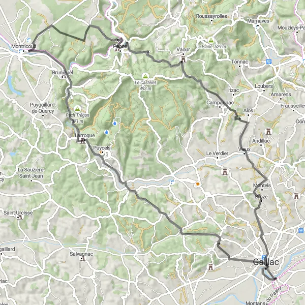 Mapa miniatúra "Cyklistická trasa cez Puycelsi a Vaour" cyklistická inšpirácia v Midi-Pyrénées, France. Vygenerované cyklistickým plánovačom trás Tarmacs.app