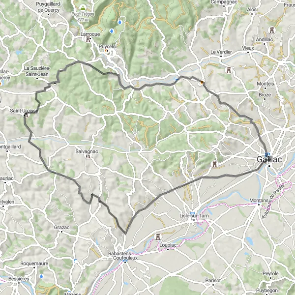 Zemljevid v pomanjšavi "Kolesarska pot do Pechmirala in Castelnau-de-Montmirala" kolesarske inspiracije v Midi-Pyrénées, France. Generirano z načrtovalcem kolesarskih poti Tarmacs.app