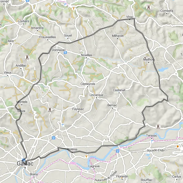 Mapa miniatúra "Cyklotúra okolo Gaillaca" cyklistická inšpirácia v Midi-Pyrénées, France. Vygenerované cyklistickým plánovačom trás Tarmacs.app