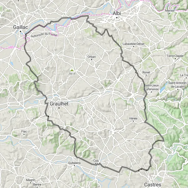 Mapa miniatúra "Cyklistická trasa cez Lamillarié a Busque" cyklistická inšpirácia v Midi-Pyrénées, France. Vygenerované cyklistickým plánovačom trás Tarmacs.app