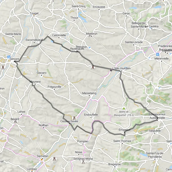 Map miniature of "Countryside Loop from Gimont" cycling inspiration in Midi-Pyrénées, France. Generated by Tarmacs.app cycling route planner