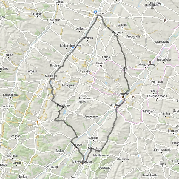 Map miniature of "Exploring the Countryside from Gimont" cycling inspiration in Midi-Pyrénées, France. Generated by Tarmacs.app cycling route planner