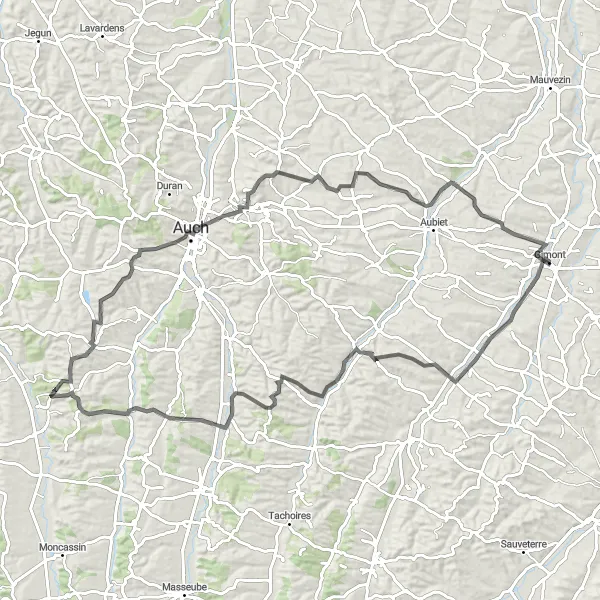 Miniature de la carte de l'inspiration cycliste "La boucle des collines autour de Gimont" dans la Midi-Pyrénées, France. Générée par le planificateur d'itinéraire cycliste Tarmacs.app