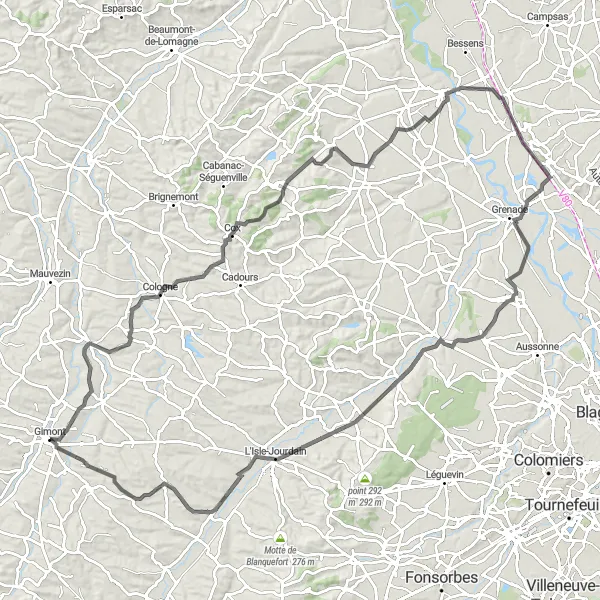 Miniature de la carte de l'inspiration cycliste "Boucle de Gimont à L'Isle-Jourdain" dans la Midi-Pyrénées, France. Générée par le planificateur d'itinéraire cycliste Tarmacs.app