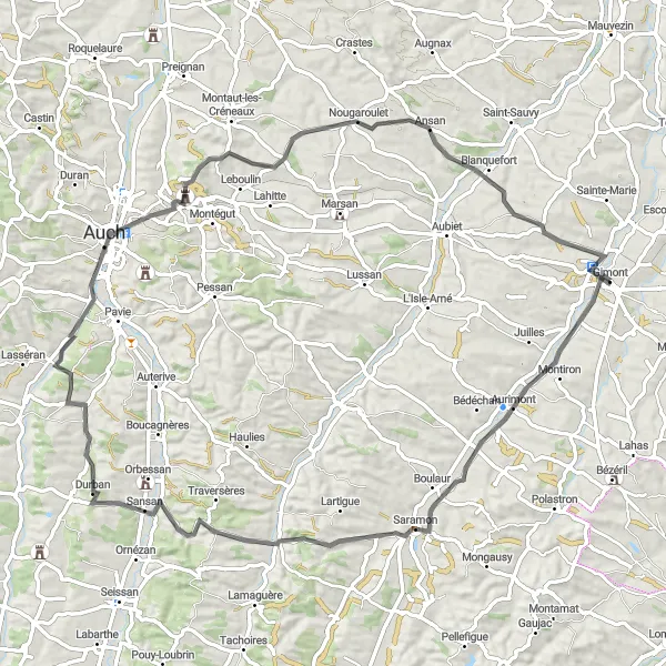 Map miniature of "The Road to Nougaroulet" cycling inspiration in Midi-Pyrénées, France. Generated by Tarmacs.app cycling route planner