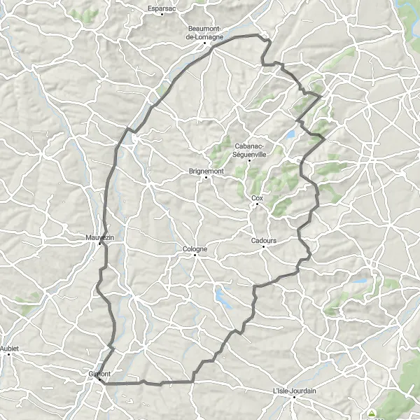 Map miniature of "Hills and Castles Tour from Gimont" cycling inspiration in Midi-Pyrénées, France. Generated by Tarmacs.app cycling route planner