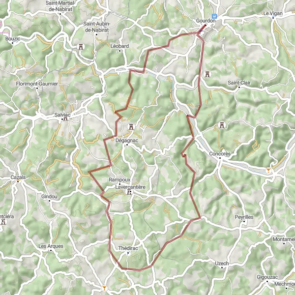 Mapa miniatúra "Bikepacking v okolí Gourdonu" cyklistická inšpirácia v Midi-Pyrénées, France. Vygenerované cyklistickým plánovačom trás Tarmacs.app