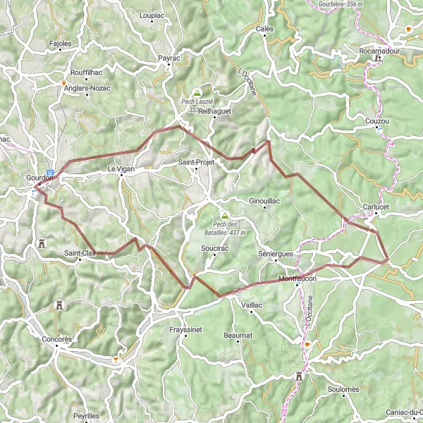 Mapa miniatúra "Gravelový marathon v okolí Gourdonu" cyklistická inšpirácia v Midi-Pyrénées, France. Vygenerované cyklistickým plánovačom trás Tarmacs.app