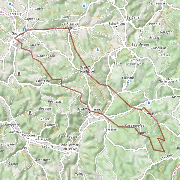 Miniaturní mapa "Gravelová cyklotrasa okolo Gourdonu" inspirace pro cyklisty v oblasti Midi-Pyrénées, France. Vytvořeno pomocí plánovače tras Tarmacs.app
