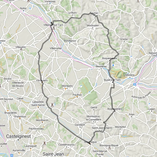 Miniatua del mapa de inspiración ciclista "Ruta de Bazus a Saint-Jean-Lherm" en Midi-Pyrénées, France. Generado por Tarmacs.app planificador de rutas ciclistas