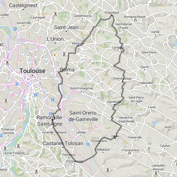 Miniaturní mapa "Drémil-Lafage - Escalquens - Castanet-Tolosan - Montrabé - Gragnague" inspirace pro cyklisty v oblasti Midi-Pyrénées, France. Vytvořeno pomocí plánovače tras Tarmacs.app