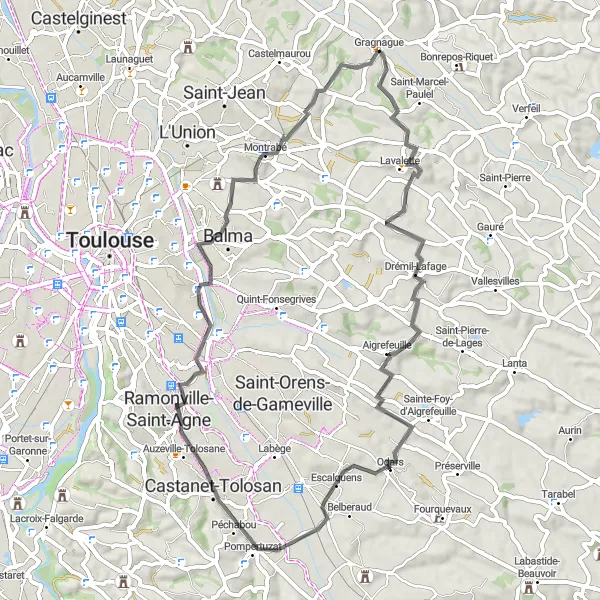 Miniatuurkaart van de fietsinspiratie "Drémil-Lafage en Castanet-Tolosan Route" in Midi-Pyrénées, France. Gemaakt door de Tarmacs.app fietsrouteplanner