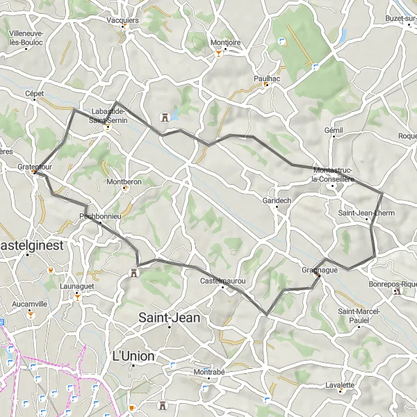 Map miniature of "Toulousian Countryside" cycling inspiration in Midi-Pyrénées, France. Generated by Tarmacs.app cycling route planner